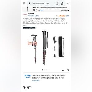 Manbily Carbon Fiber Camera Monopod 61” Lightweight Travel Monopod/Walking Stick